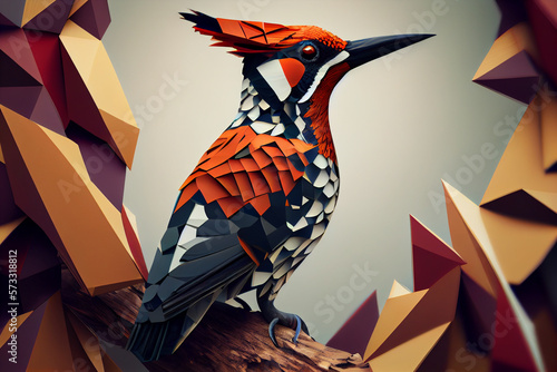 Beautiful abstract geometric woodpecker concept, contemporary colors and mood social background.

