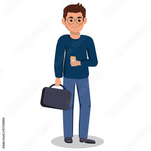 Young teacher in glasses standing with paper cup of coffee and briefcase on white background. People vector illustration.