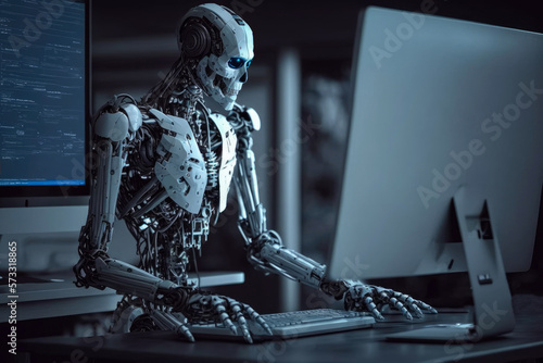 Robot working on laptop. photo