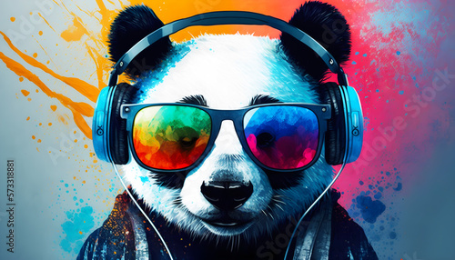 Foto acid Pop colorful panda wearing Headphones and sunglasse