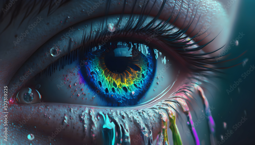hyper realistic crying eyes  close up neon 