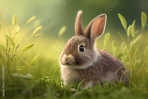 Cute rabbit in green grass fields. generative AI