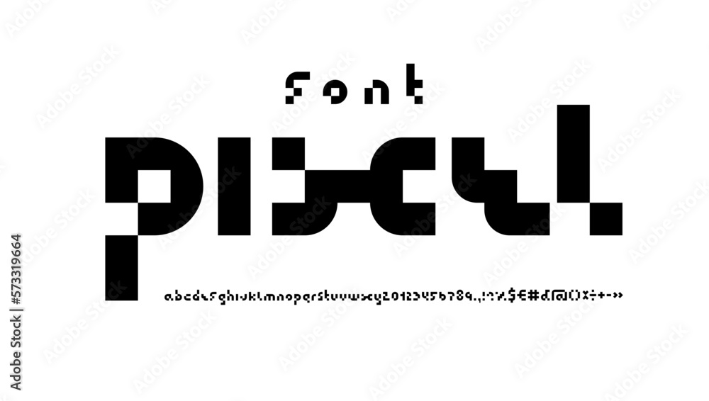 Pixel font, trendy alphabet, letters and numbers and punctuation marks, vector illustration 10eps Pixel font, trendy alphabet, letters and numbers and punctuation marks, vector illustration 10eps