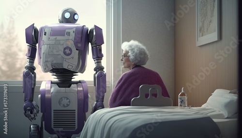 Foto elderly woman sitting in hospital or nursing home while robot takes care of her