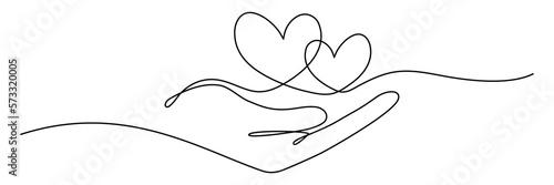 Human arm holding two hearts line continuous drawn. Hand hold two hearts in line style. Vector illustration isolated on white.