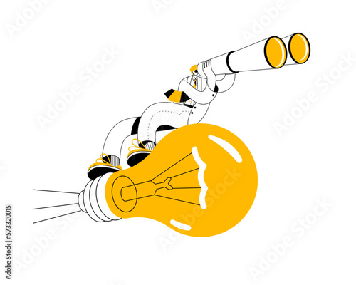 A man with binoculars flies to a large electric light bulb. Vector illustration on the topic of searching for an investor.