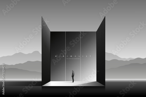 Futuristic technology background with a lonely figure. Sci-Fi poster. Minimal mountain landscape. Abstract art wallpaper for web, prints, art decoration and applications. Vector