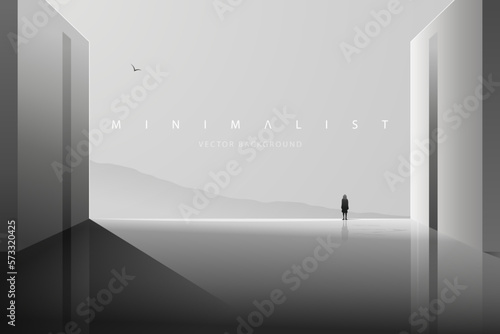 Futuristic technology background with a lonely figure. Sci-Fi poster. Minimal mountain landscape. Abstract art wallpaper for web, prints, art decoration and applications. Vector