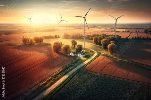 Windmills generating electricity in a green field on a sunset. Generative AI
