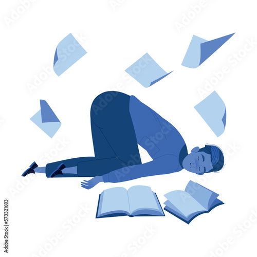 Sleeplessness with Man Falling Down Feeling Sleepy at Daytime Suffer from Insomnia and Sleep Disorder at Night Vector Illustration