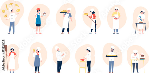 Baker character bake pastries in bakery. Bakers professional team, on culinary job cook bread, cakes and pastry. Bakeries workers recent vector set