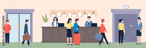 Hotel lobby and reception. Lounge and information desk in hostel, tourist hold luggage and professional team in uniform. Travel check-in recent vector scene