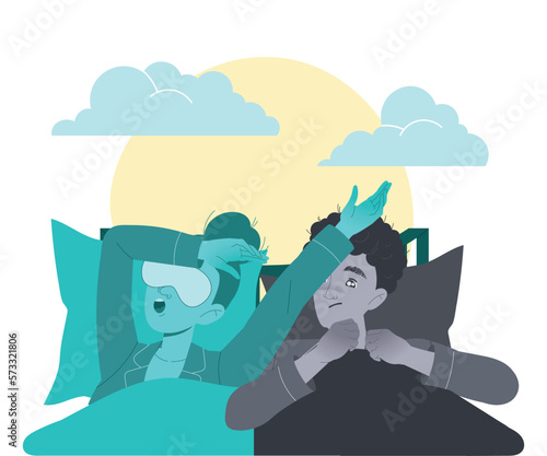 Sleeplessness with Man in Bed Lying with Sleepingg Wife Suffer from Insomnia and Sleep Disorder Vector Illustration photo