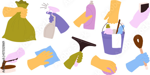 Housemaid holding duster and cleaning elements. Hands clean surface, hold broom, bucket and sponge. Household supplies cartoon racy vector set