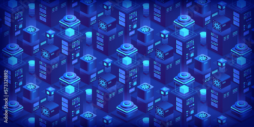 Vector isometric server room. Quantum computer. Cloud storage data center. Web hosting. Big data processing and computing technology. Large calculations on a supercomputer. Server farm communication.