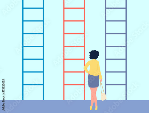 Female choose one of various life ways. Thinking woman, choice problems or difficulties. Flat business person puzzled, vector concept