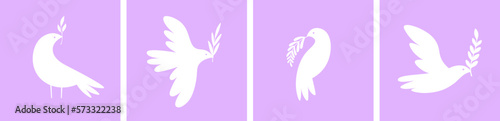 Peace dove holding branch. Various white dives silhouettes, flat abstract flying and sitting birds. Decorative vector cards template