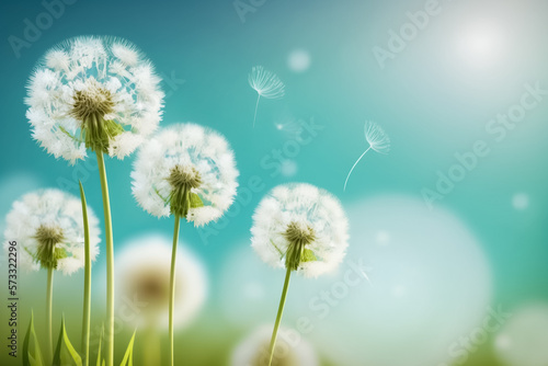 Close up dandelion plant blowing in wind. Dandelion seeds blowing in the wind across a summer field background. generative AI
