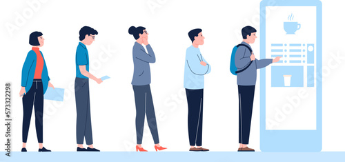 Waiting line to coffee machine. Morning popular drink, people need energy and wake up. Queue to drinks vending machine in hospital, office or mall, vector scene