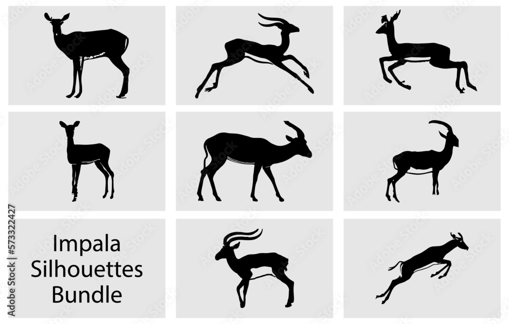 Set of a black Impala silhouette, Set of editable vector silhouettes of running impala, antelope silhouettes Collection - obrazy, fototapety, plakaty 