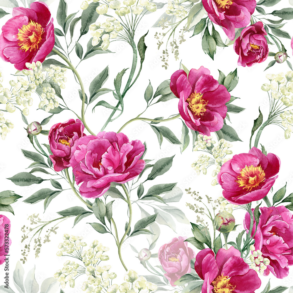 Seamless floral pattern with magenta peony flowers on white background, watercolor. Template design for fabric, interior, clothes, wallpaper. Botanical art