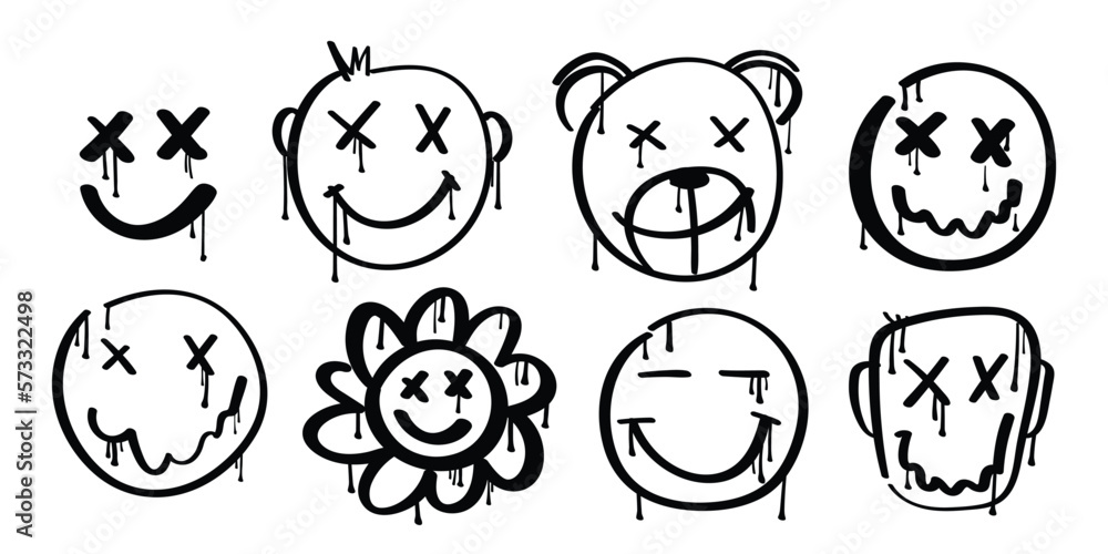 Smiling emoji graffiti style face drawings set. Vector illustration