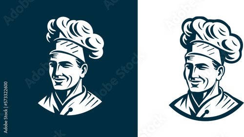 Smiling chef with hat woodcut engraving style vintage hand drawn vector illustration EPS 10