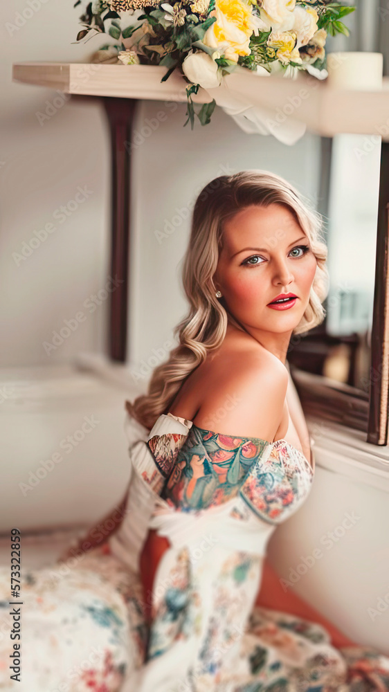 Girl with long blond hair and colorful tattoos in a stunning white summer dres with flowers illustrations, sitting in a bedroom with a bouwuet of flowers on a shelf Girl with long blond hair and colorful tattoos in a stunning white summer dres with flowers illustrations, sitting in a bedroom with a bouwuet of flowers on a shelf