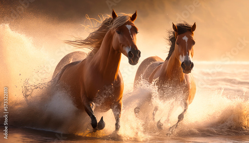 Two brown horses running in the ocean spray in the morning sunlight in warm tones