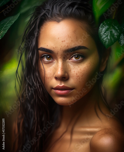 Portrait of a beautiful maya indian with dark hair and brown eyes in a rainforest photo