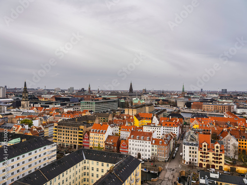 Historic Danish city Copenhagen and colorful buildings during a cloudy day, Denmark