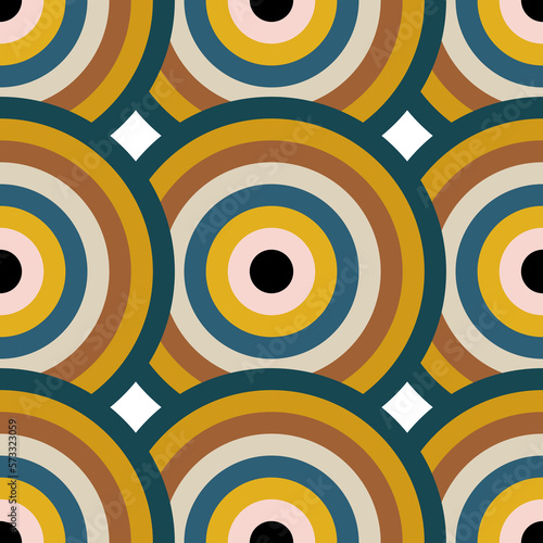 Circles with color palette. Seamless pattern with geometric colored spheres for textile. 