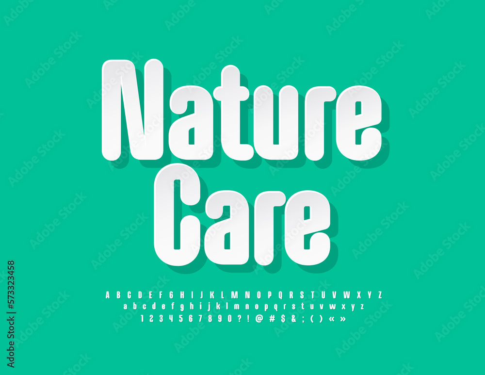 Vector eco sign Nature Care with White paper Font. Sticker set of clean Alphabet Letters, Numbers and Symbols Vector eco sign Nature Care with White paper Font. Sticker set of clean Alphabet Letters, Numbers and Symbols