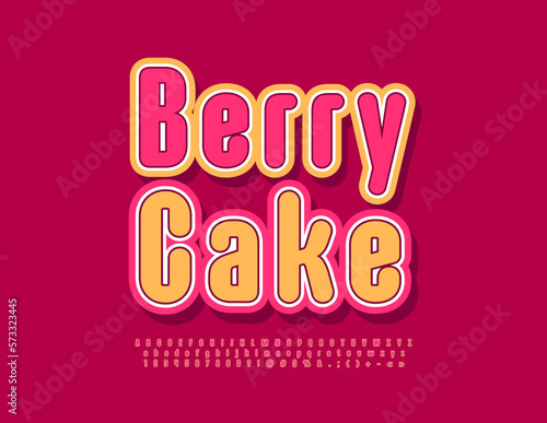 Vector cute emblem Berry Cake with bright trendy Font. Creative sticker Alphabet Letters, Numbers and Symbols set
