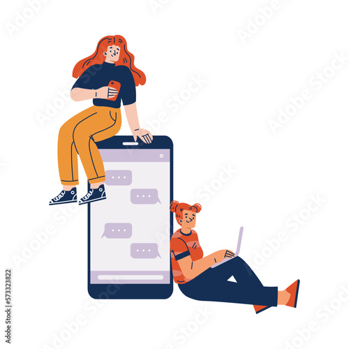 Social Network with Young Woman Chatting and Meeting Friend Via Smartphone Vector Illustration