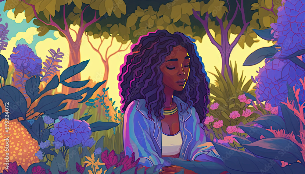 Meditating Black Woman in a Garden Black is Beautiful Block Illustration Black Women Enjoying Nature