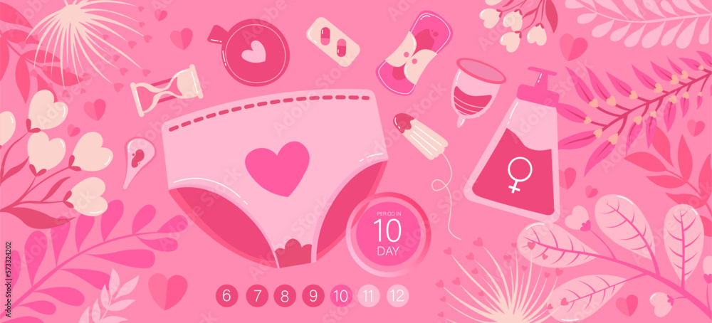 Banner with different means of feminine hygiene on pink background Banner with different means of feminine hygiene on pink background
