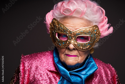 portrait of grandma celebrating Carnival festival  with splash glittering rainbow papers background.generative ai.