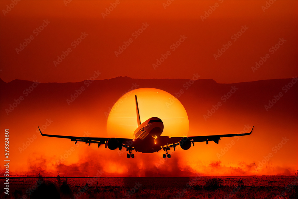 Fototapeta premium orange sunset commercial jet taking off