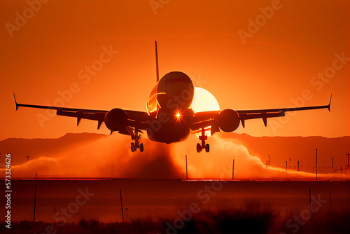 orange sunset commercial jet taking off
