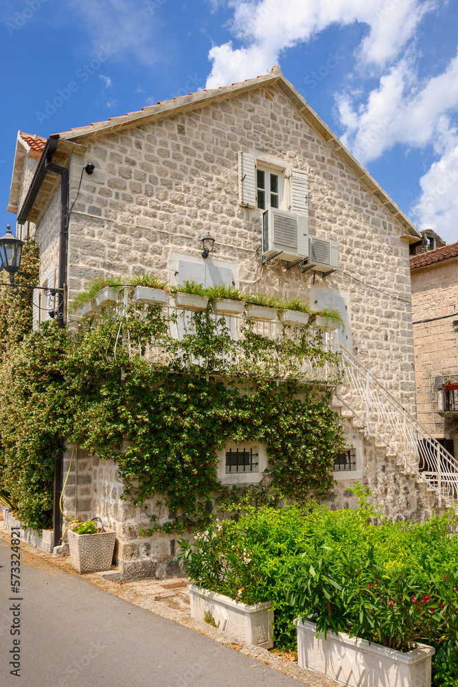 Typical house, architecture of Perast - one of the most beautiful towns on Montenegro coast. Europe