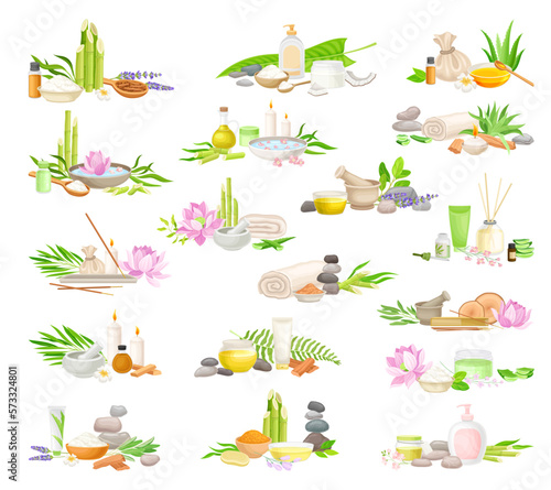 Spa and Wellness with Bamboo, Essential Oil and Pebbles Big Vector Set