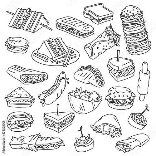 Sandwiches, burgers, tacos, falafel. Different types of fast food meals. Vector drawings set. Outline stroke is not expanded, stroke weight is editable