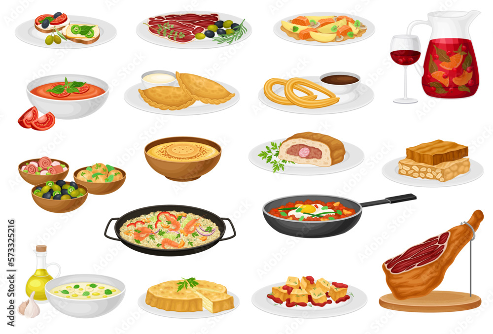 Spanish Dish and Food Served for Restaurant Menu as National Cuisine Big Vector Set Spanish Dish and Food Served for Restaurant Menu as National Cuisine Big Vector Set