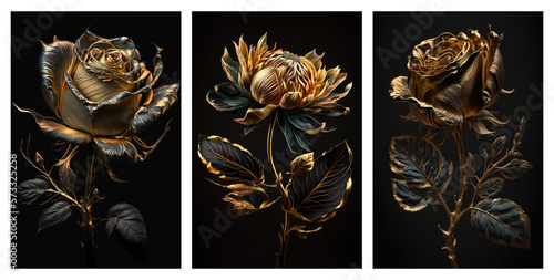 Set of golden floral art posters, gold rose concept art, generative ai