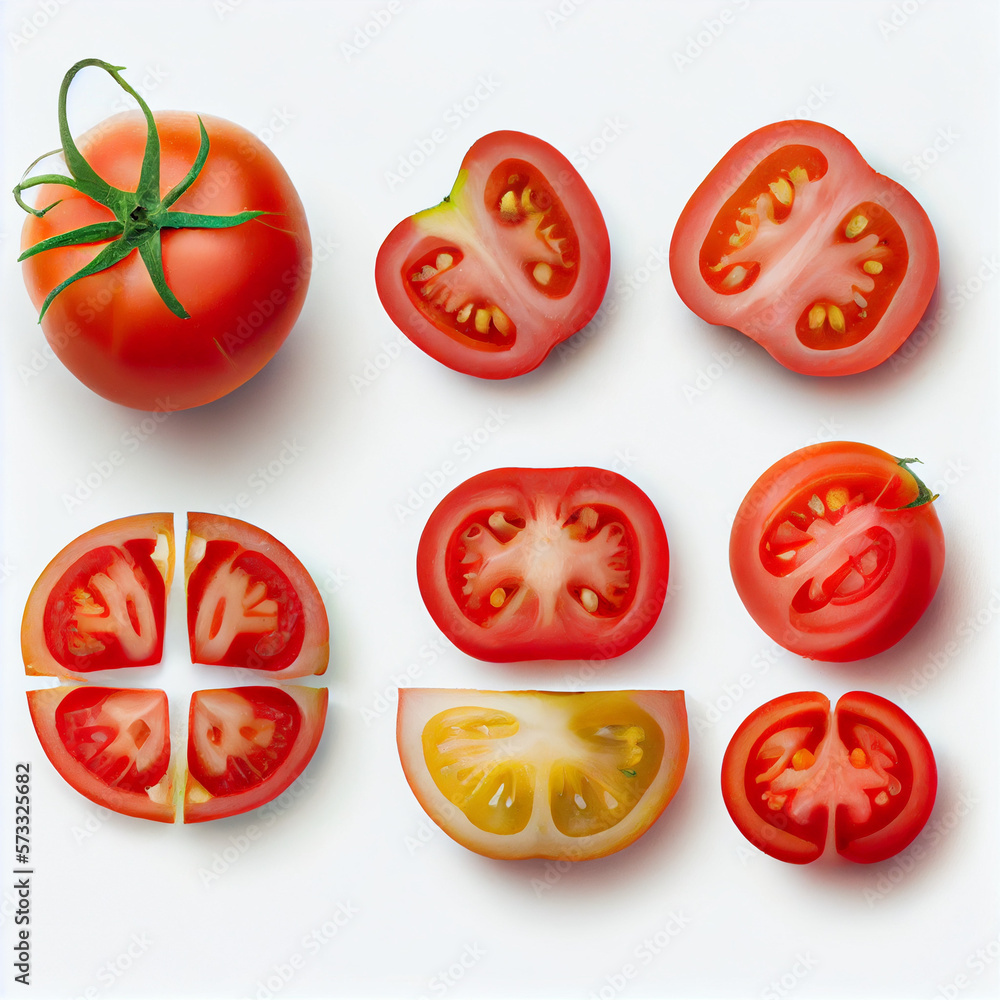 tomato and its sections isolated on a white background, tomato slices tomato and its sections isolated on a white background, tomato slices