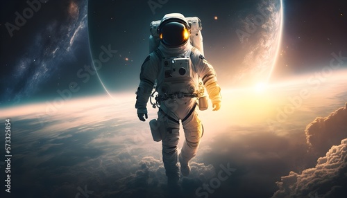 Astronaut in Space. Full body. Planet on the background.