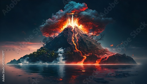 Erupting Volcano on a desert island in the middle of the ocean