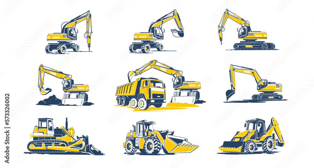 Excavator, bulldozer and more construction machinery icons set. Black and yellow construction machine icons, vector illustrations on white.
Excavator, bulldozer and more construction machinery icons s - obrazy, fototapety, plakaty 