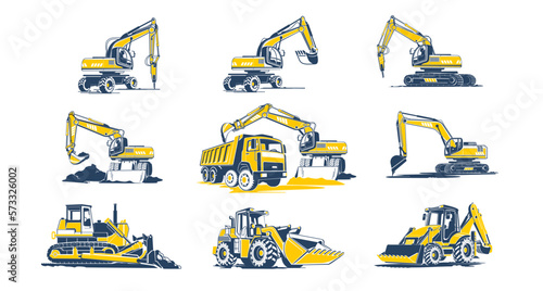 Excavator, bulldozer and more construction machinery icons set. Black and yellow construction machine icons, vector illustrations on white.
Excavator, bulldozer and more construction machinery icons s photo